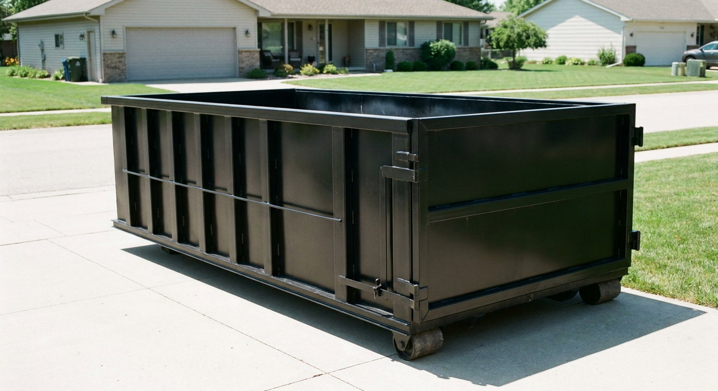 Matte-black 10-yard roll-off dumpster on a residential concrete driveway in Waterbury, uniformly painted matte black across every panel and rail, ribbed steel sidewalls and rear swing door visible, mid-day daylight.