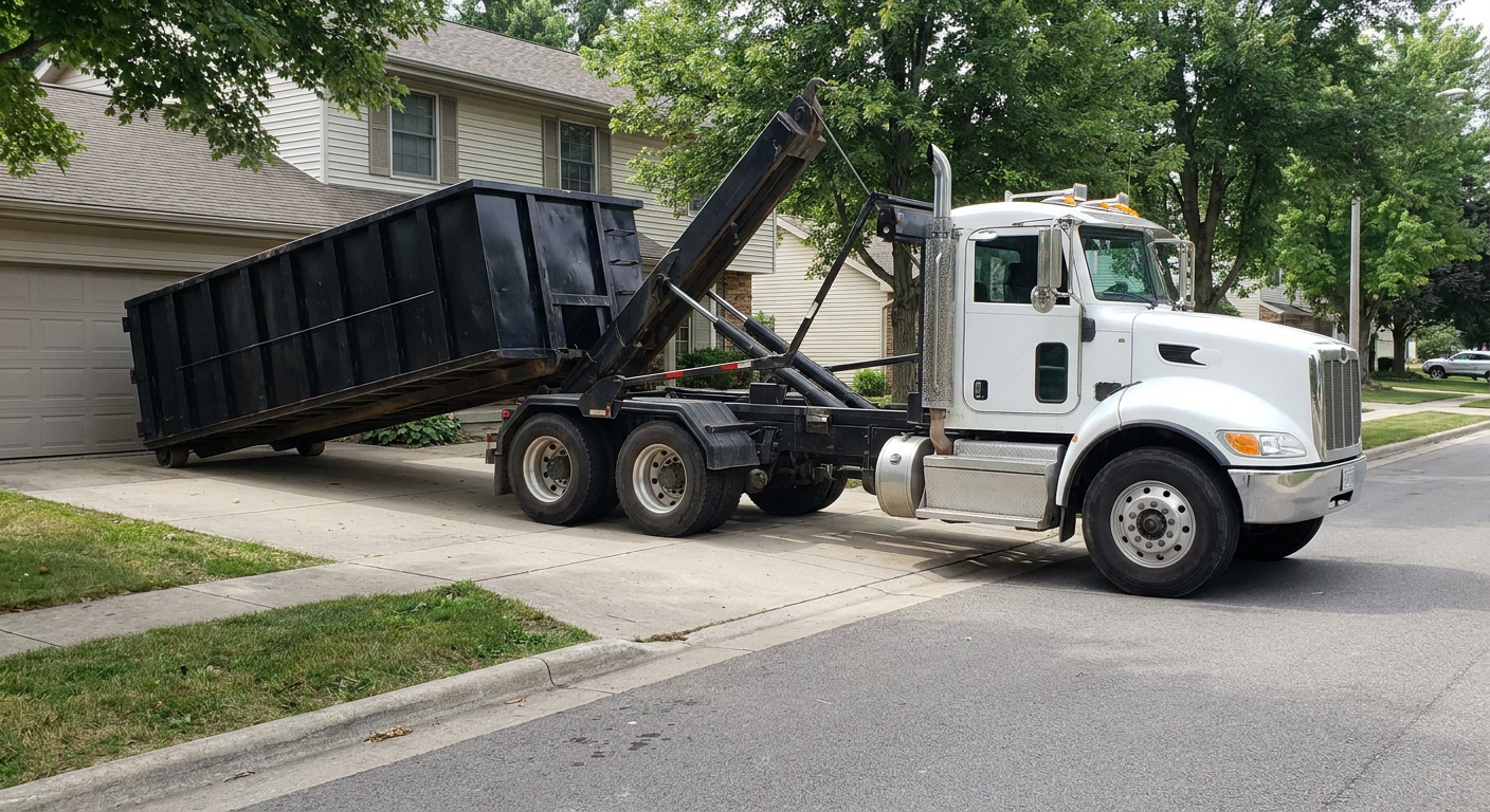 White-cab hooklift roll-off truck actively lowering a matte-black dumpster onto a Waterbury residential concrete driveway, the dumpster's rear wheels touching the driveway as the hoist arm tilts the bed forward, mid-morning daylight.