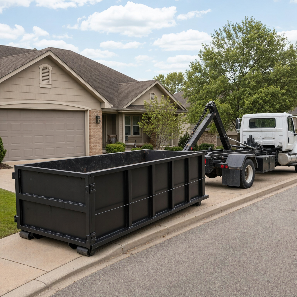 Wide documentary shot of a matte-black roll-off dumpster on a Waterbury residential driveway in the foreground and a contractor jobsite container in the soft-focus background, bright daylight, calm and orderly composition.