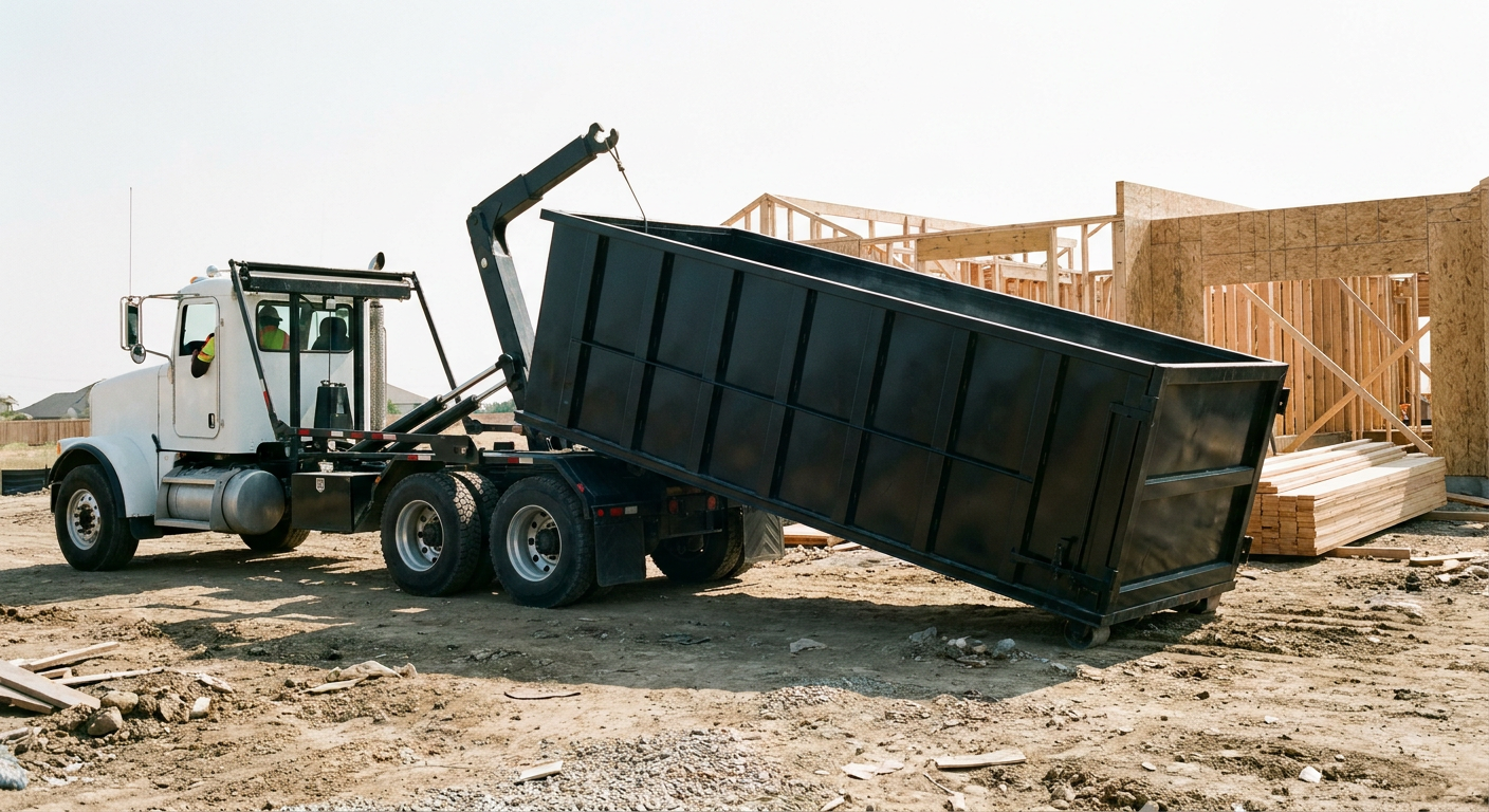 Matte-black roll-off dumpster being delivered onto a clean residential concrete driveway in Waterbury by an unmarked white hooklift hauler truck, bright morning daylight, documentary 35mm perspective.